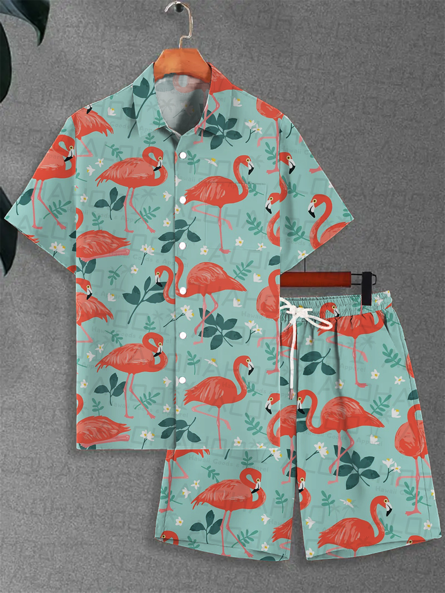 Men's Sets Hawaiian Flamingo Print Button Pocket Two-Piece Shirt Shorts Set
