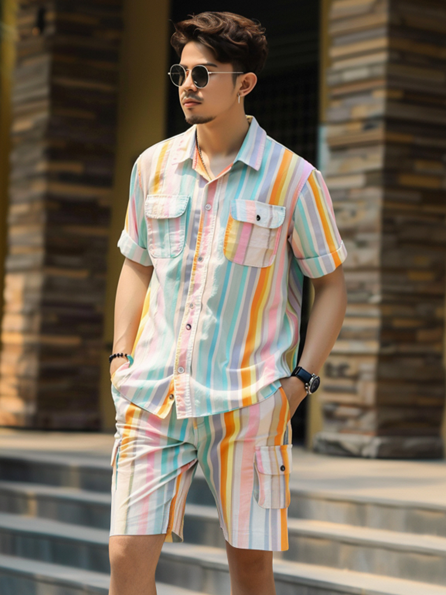 Men's Sets Hawaiian Rainbow Stripes Button Down Two-Piece Shirt Shorts Set