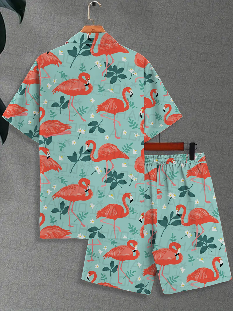 Men's Sets Hawaiian Flamingo Print Button Pocket Two-Piece Shirt Shorts Set