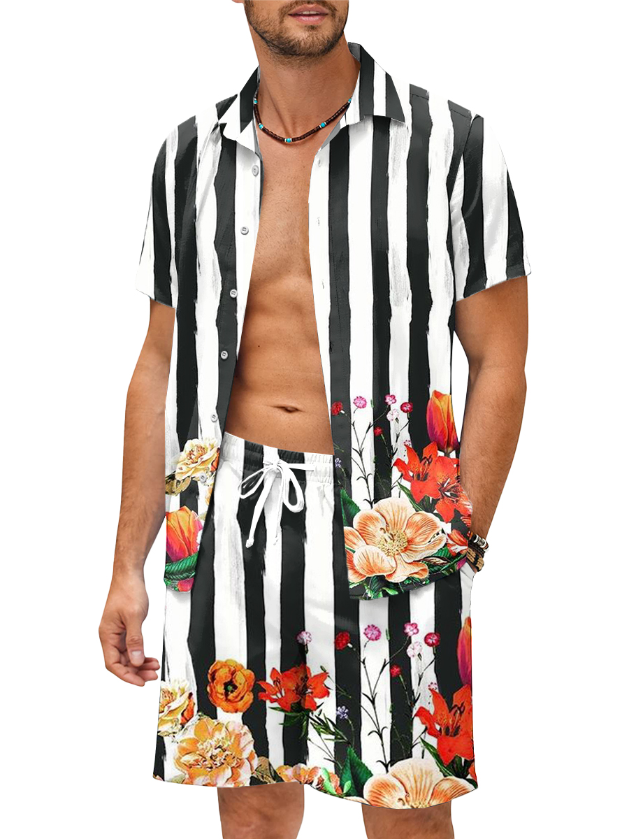 Men's Sets Stripes Button Pocket Two-Piece Shirt Shorts Set