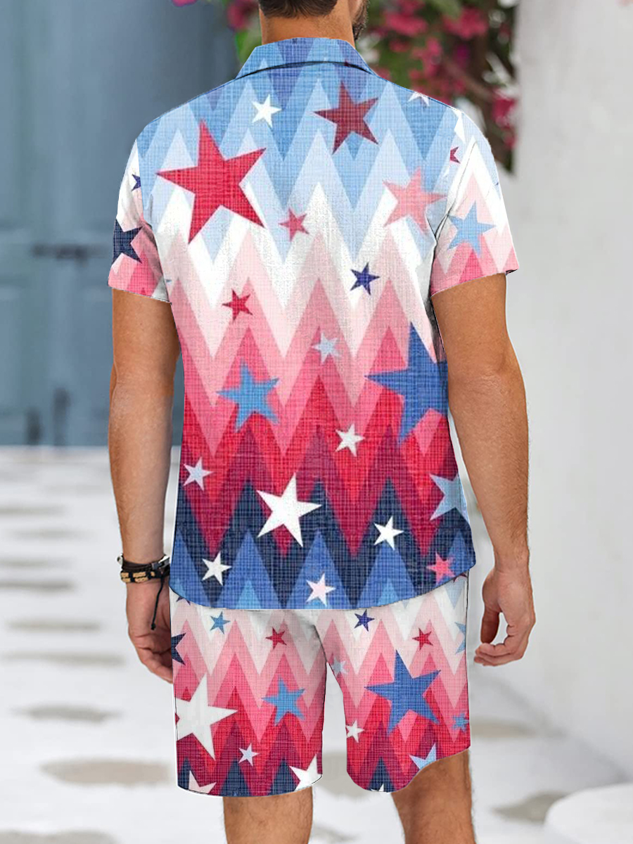 Men's Sets Hawaiian Happy Independence Day Button Down Two-Piece Shirt Shorts Set