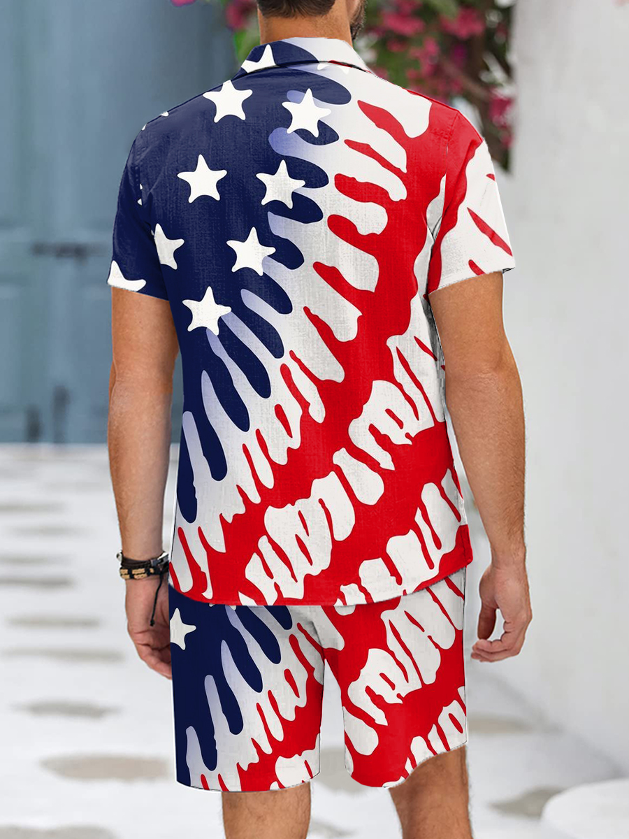 Men's Sets Art Independence Flag Print Button Pocket Two-Piece Hawaiian Shirt Shorts Set