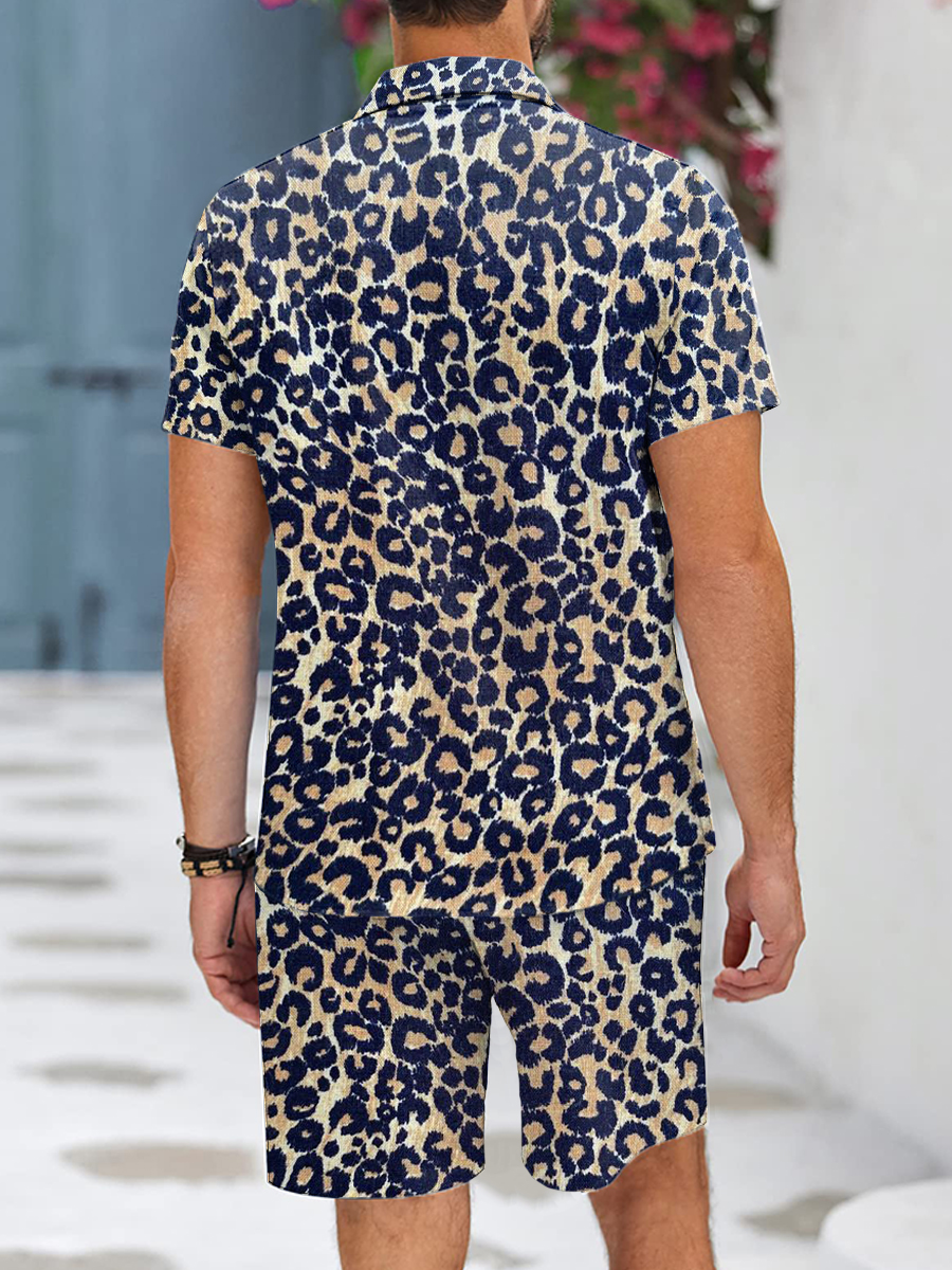 Men's Sets Vintage Leopard Button Pocket Two-Piece Shirt Shorts Set