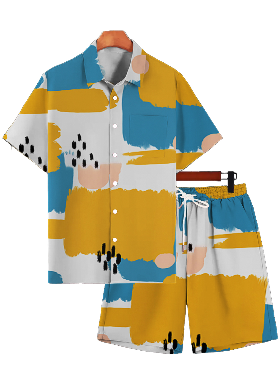 Men's Sets Art Colorblock Button Down Two-Piece Shirt Shorts Set