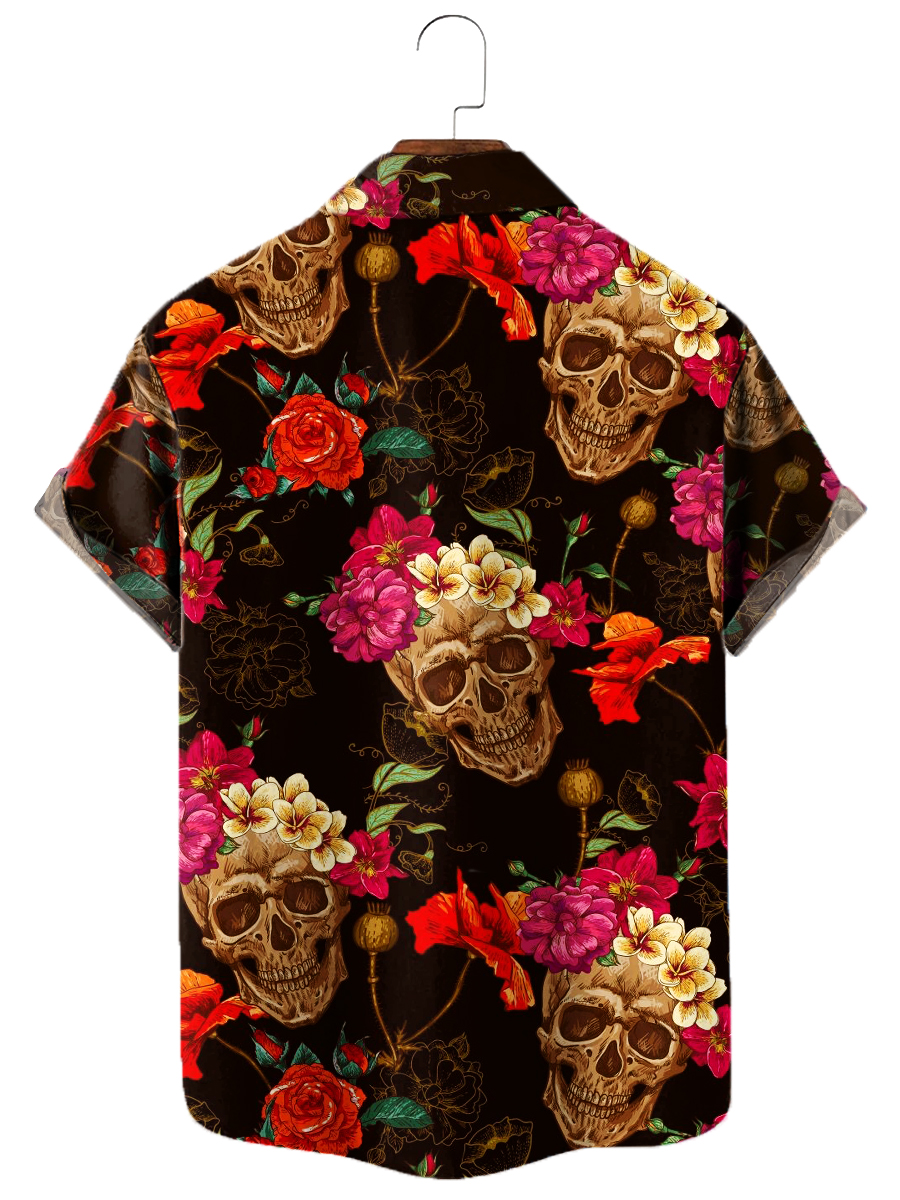 Men's Hawaiian Shirts Skull With Flowers Print Aloha Shirts