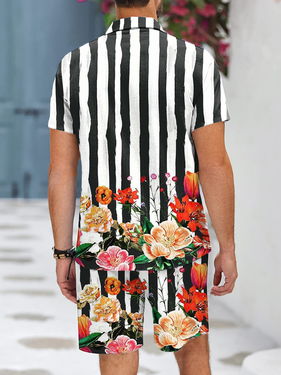 Men's Sets Stripes Button Pocket Two-Piece Shirt Shorts Set