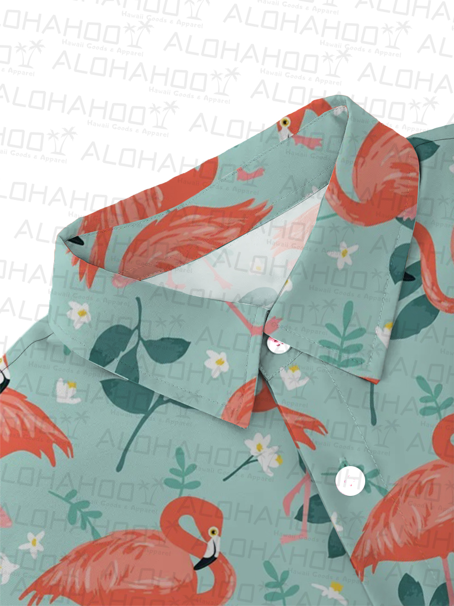Men's Sets Hawaiian Flamingo Print Button Pocket Two-Piece Shirt Shorts Set