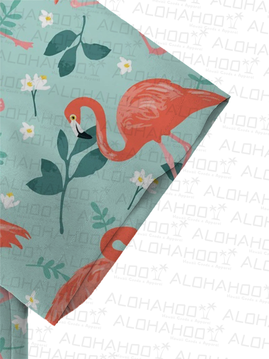 Men's Sets Hawaiian Flamingo Print Button Pocket Two-Piece Shirt Shorts Set