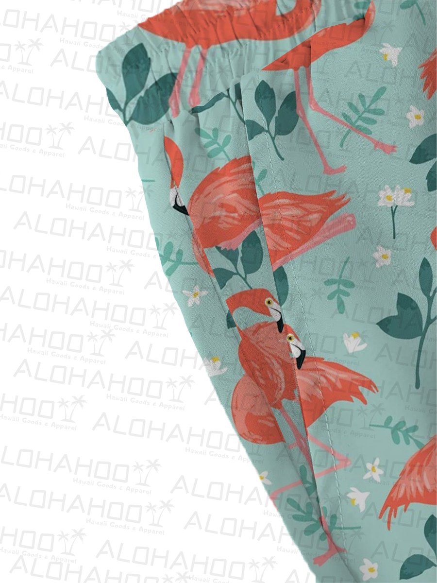 Men's Sets Hawaiian Flamingo Print Button Pocket Two-Piece Shirt Shorts Set