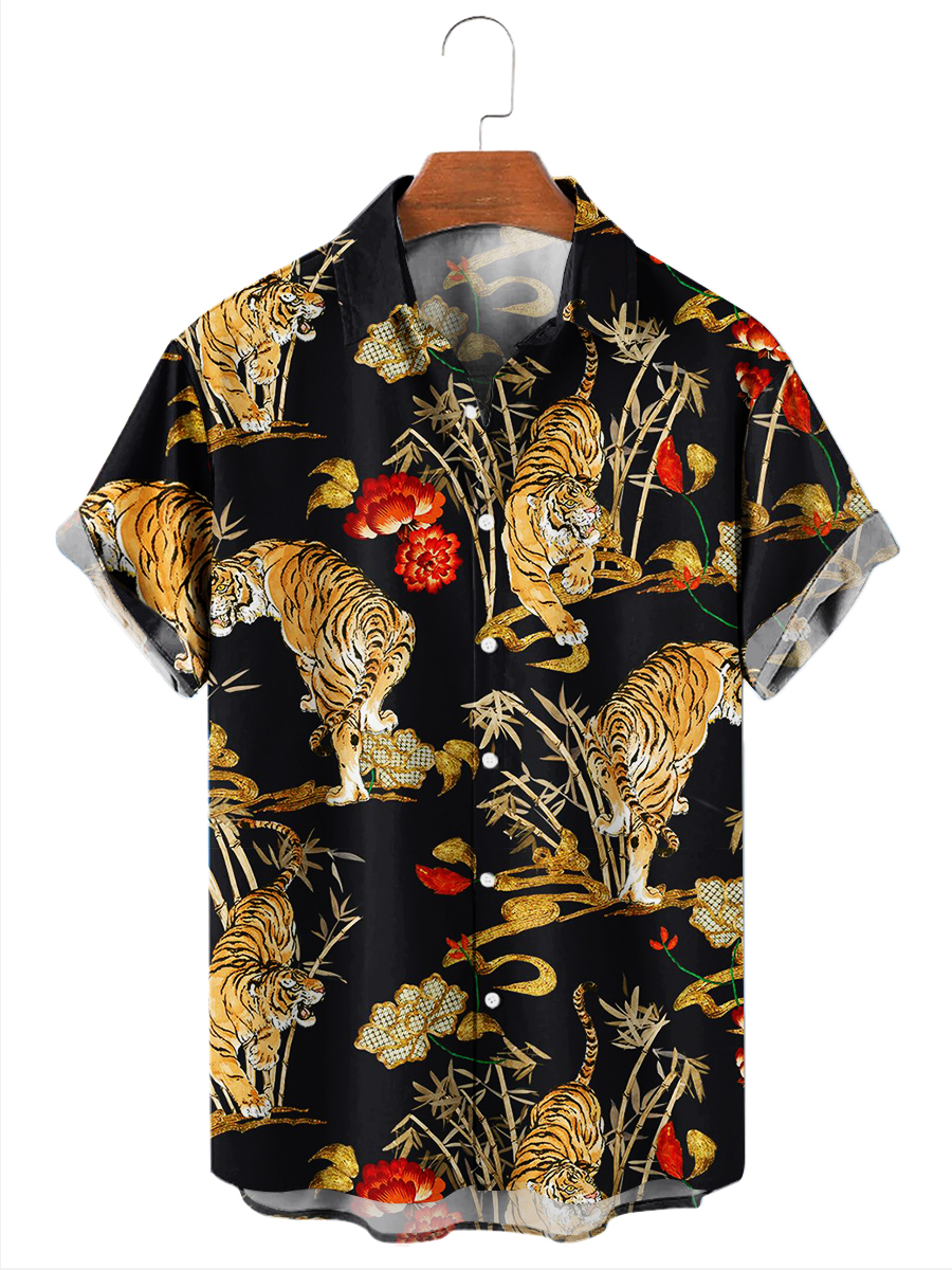 Men's Hawaiian Shirts Art Tiger Pattern Print Aloha Shirts