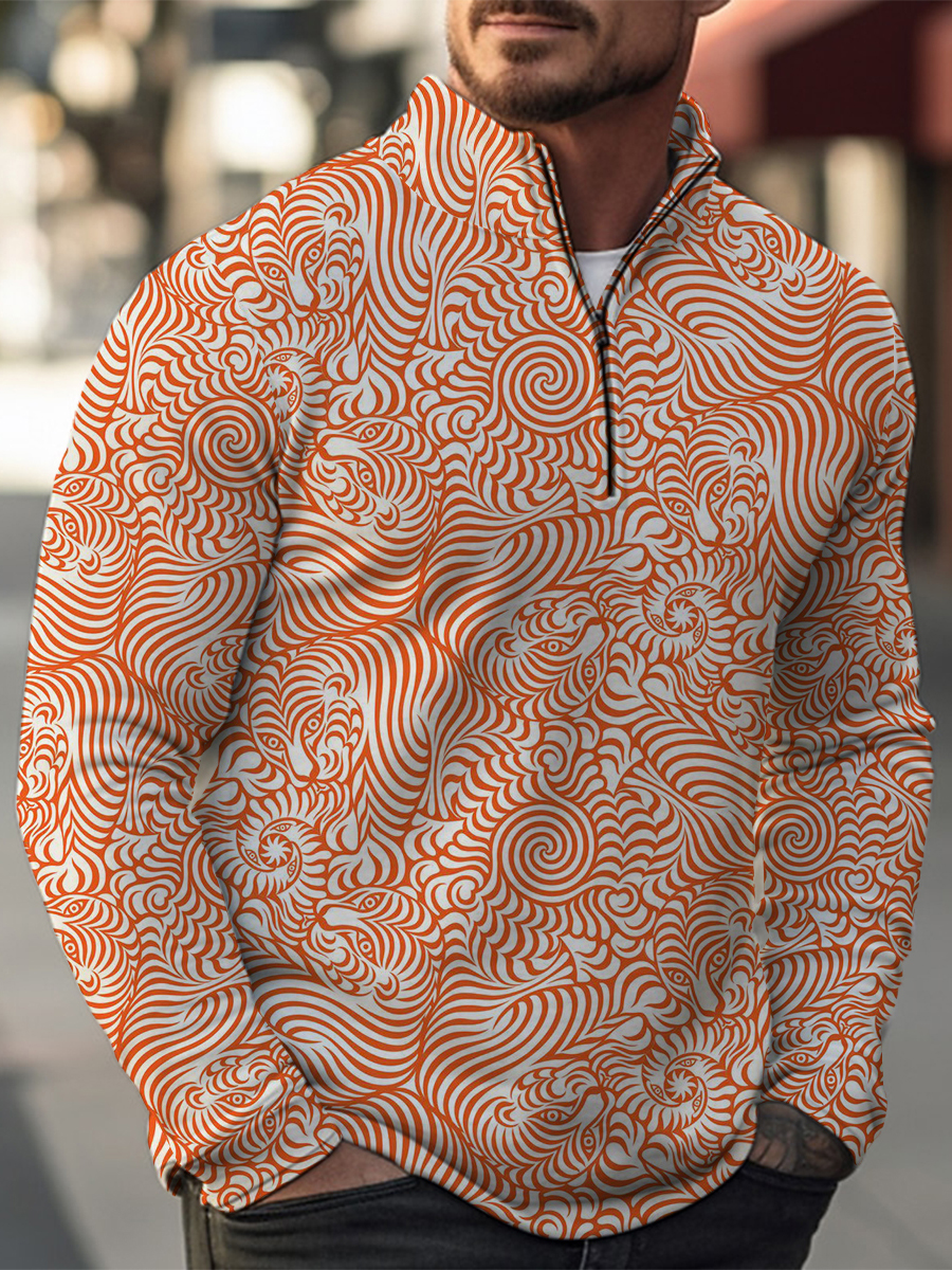 Art Tiger Print Casual Zip Long Sleeve Sweater