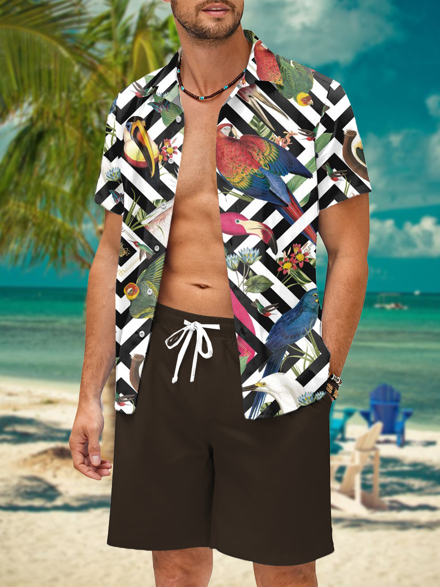 Men's Sets Hawaiian Stripes Button Pocket Two-Piece Shirt Shorts Set