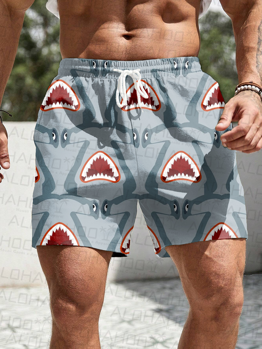 Men's Hawaiian Shorts Screaming Shark Print Casual Beach Shorts