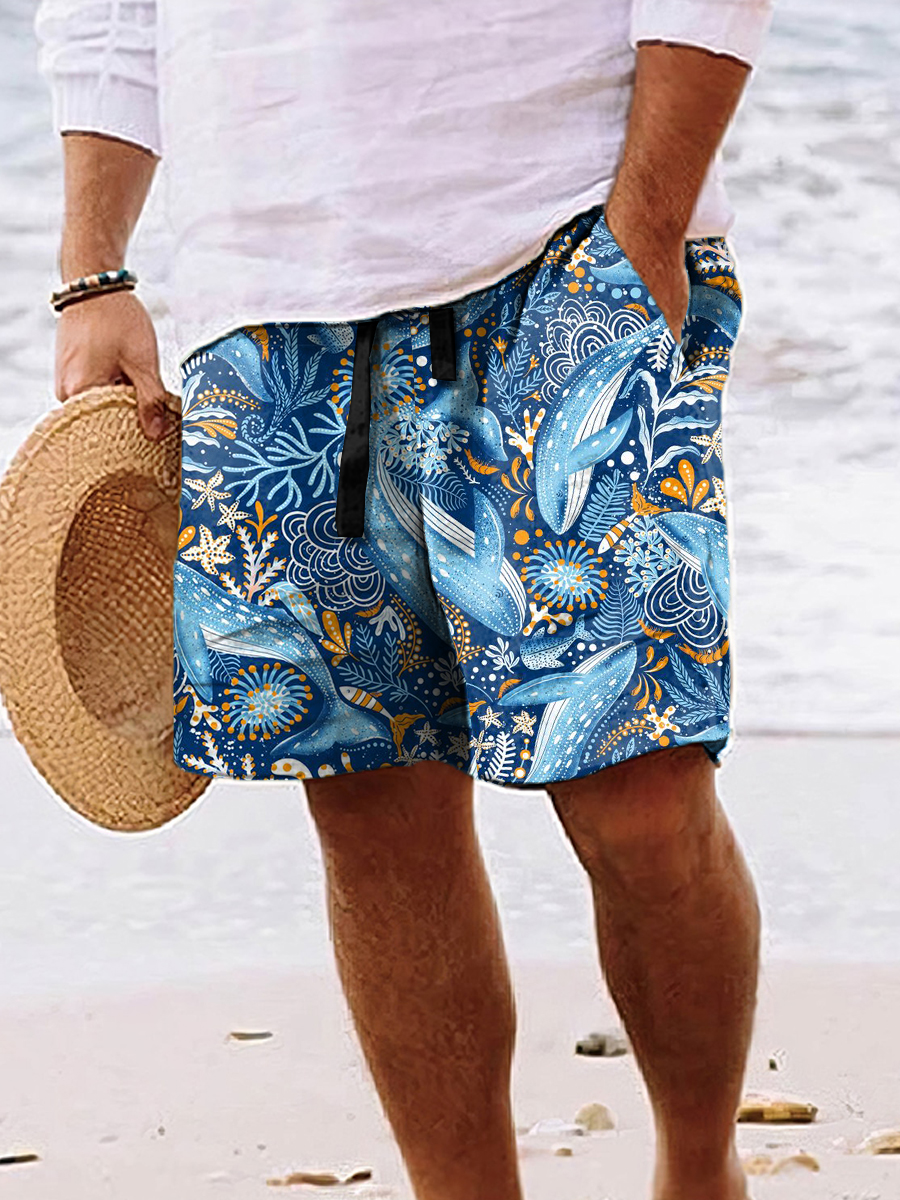 Men's Hawaiian Shorts Whale Print Casual Beach Shorts
