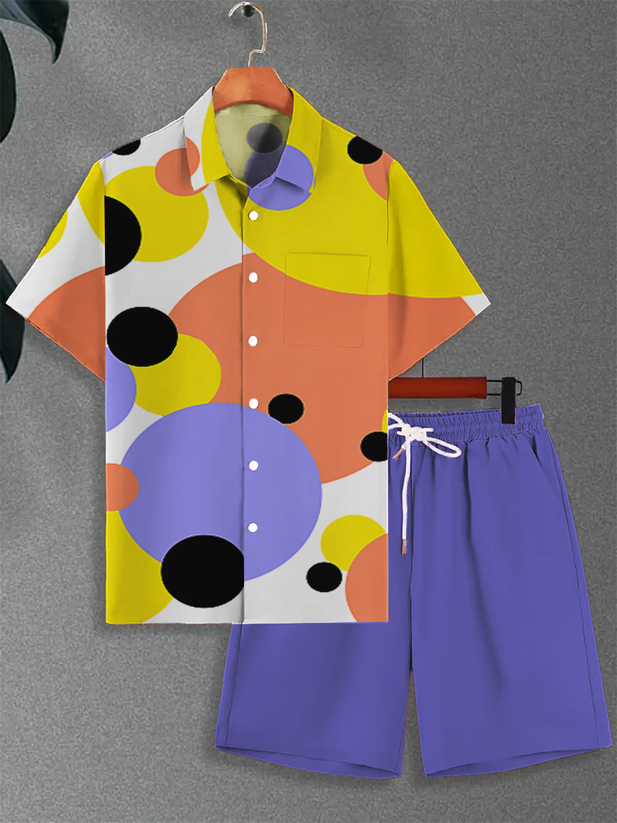 Men's Sets Polka Dot Button Down Two-Piece Shirt Shorts Set