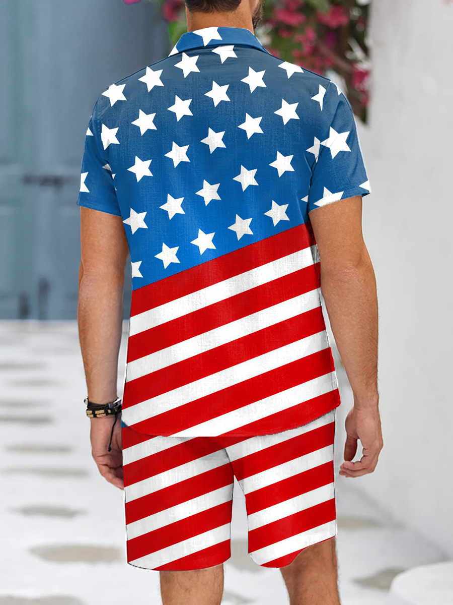 Men's Sets Independence Flag Print Button Pocket Two-Piece Hawaiian Shirt Shorts Set