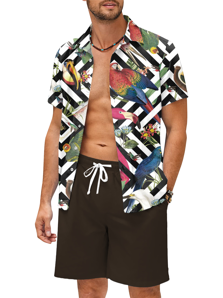 Men's Sets Hawaiian Stripes Button Pocket Two-Piece Shirt Shorts Set