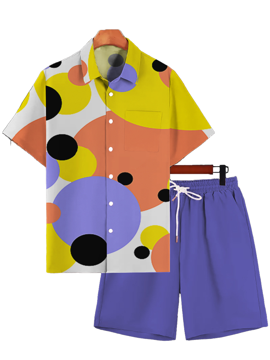 Men's Sets Polka Dot Button Down Two-Piece Shirt Shorts Set
