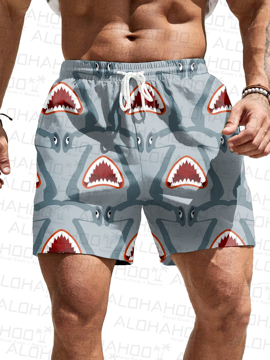 Men's Hawaiian Shorts Screaming Shark Print Casual Beach Shorts