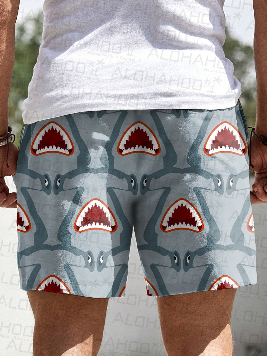 Men's Hawaiian Shorts Screaming Shark Print Casual Beach Shorts
