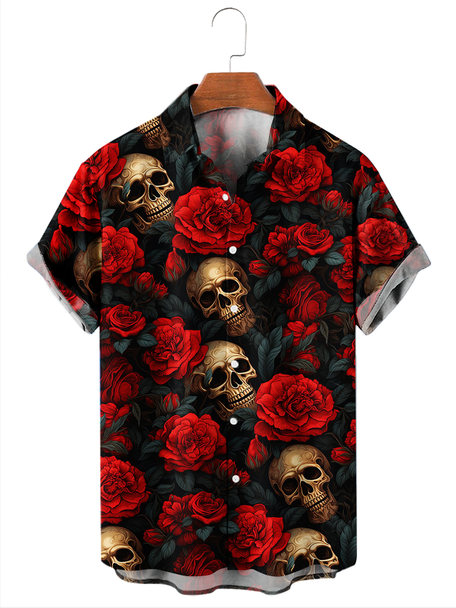 Men's Hawaiian Shirts Skull Bloom Print Aloha Shirts