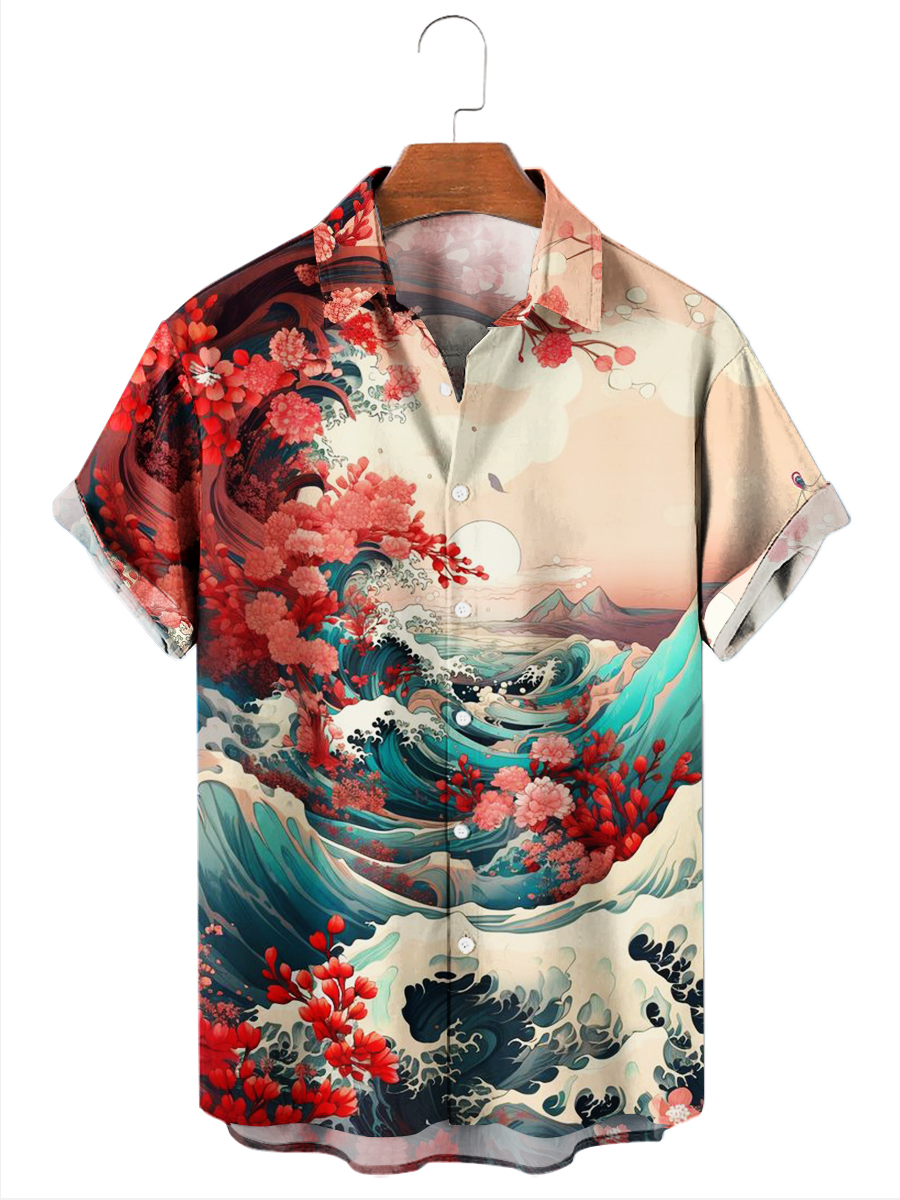 Vintage Hawaiian Shirts Japanese Landscape Print Easy Care Aloha Shirts