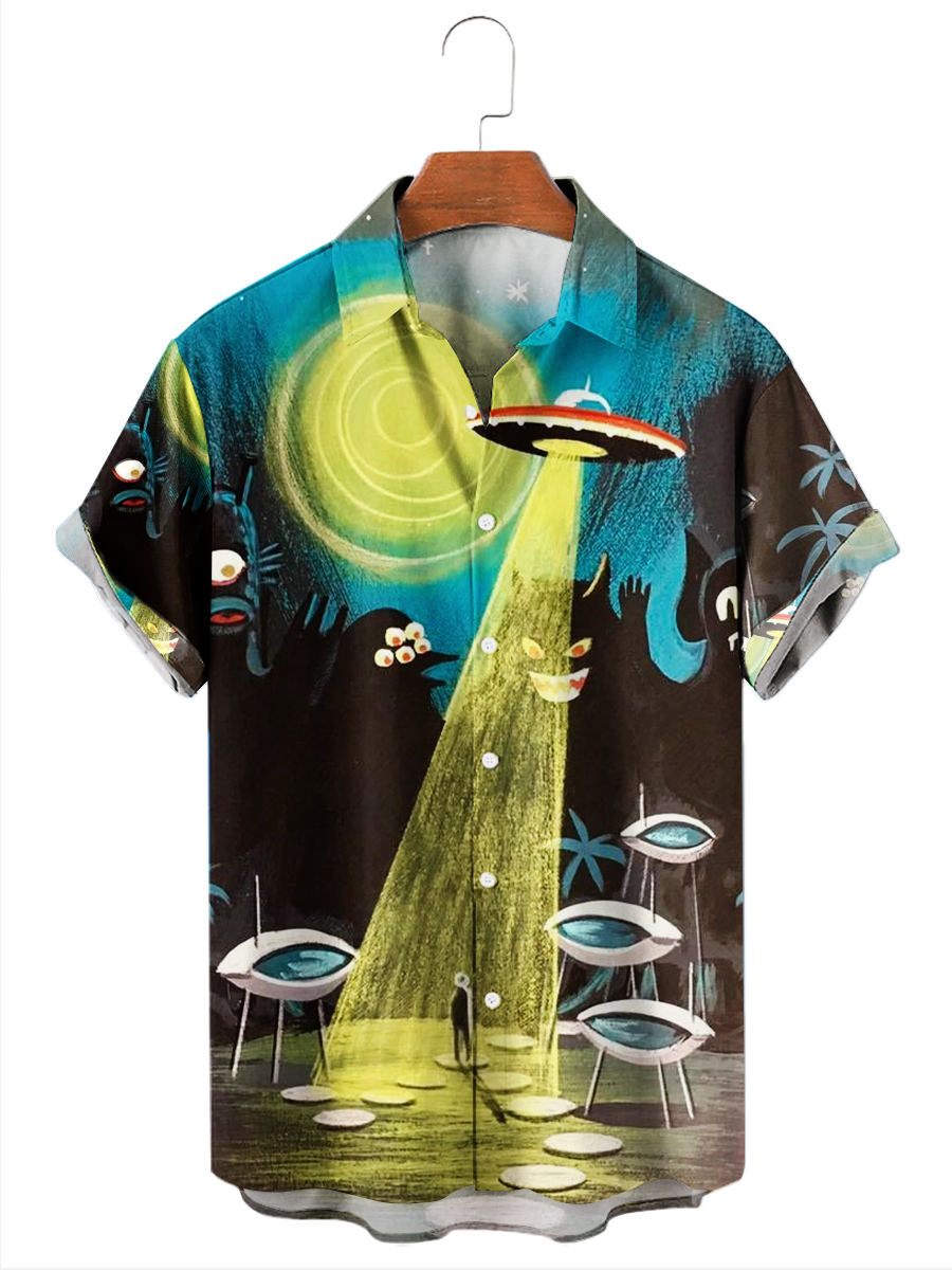 Men's Hawaiian Shirt Funny UFO Button Down Shirt