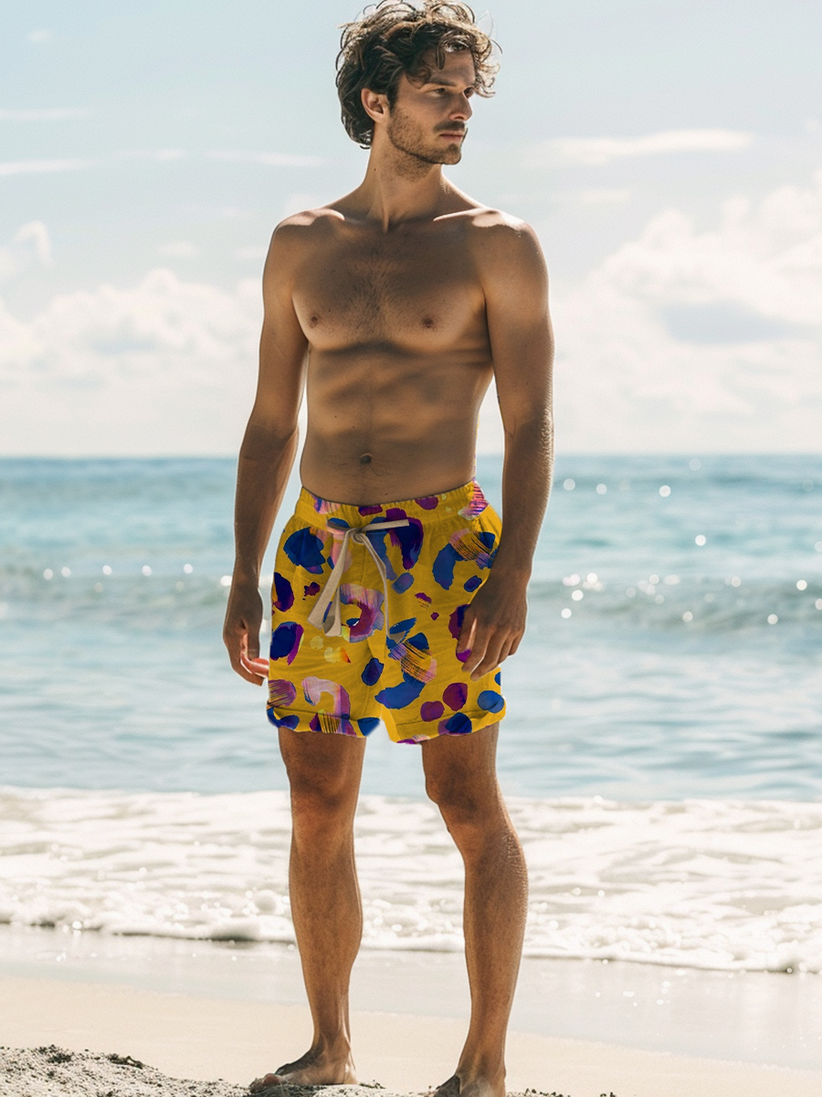 Men's Hawaiian Shorts Yellow Leopard Pattern Print Vacation Beach Shorts