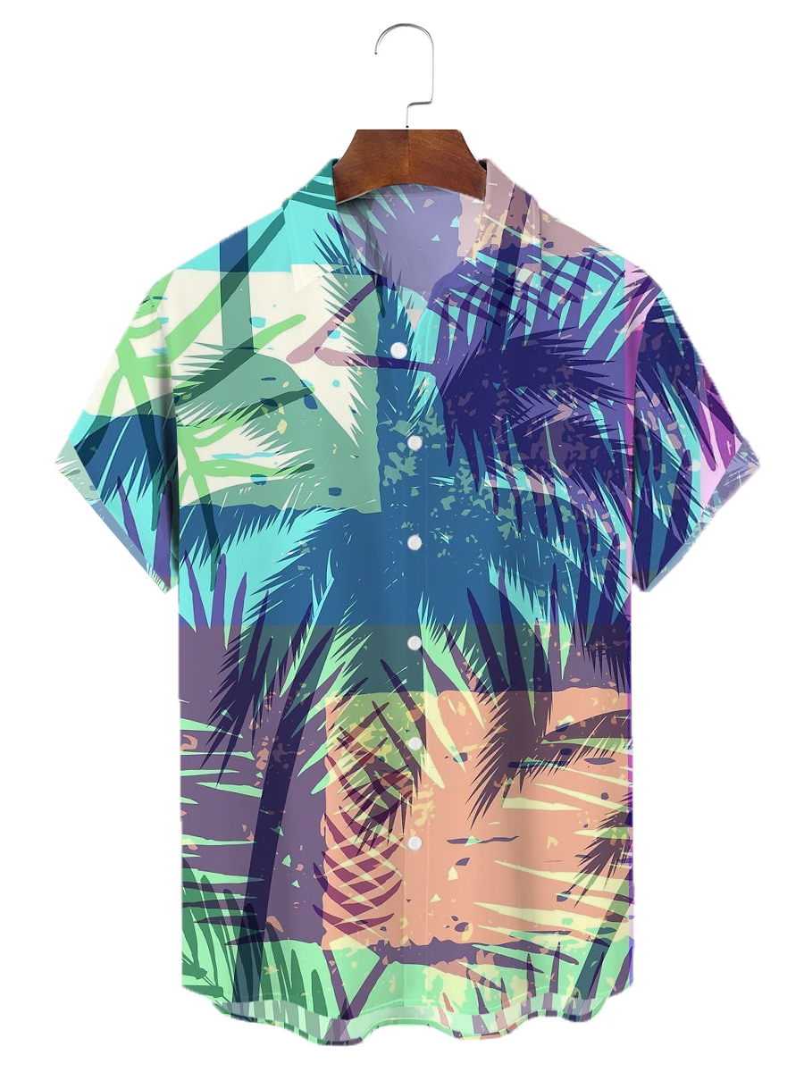 Men's Hawaiian Shirts Colorblock Coconut Tree Print Aloha Shirts
