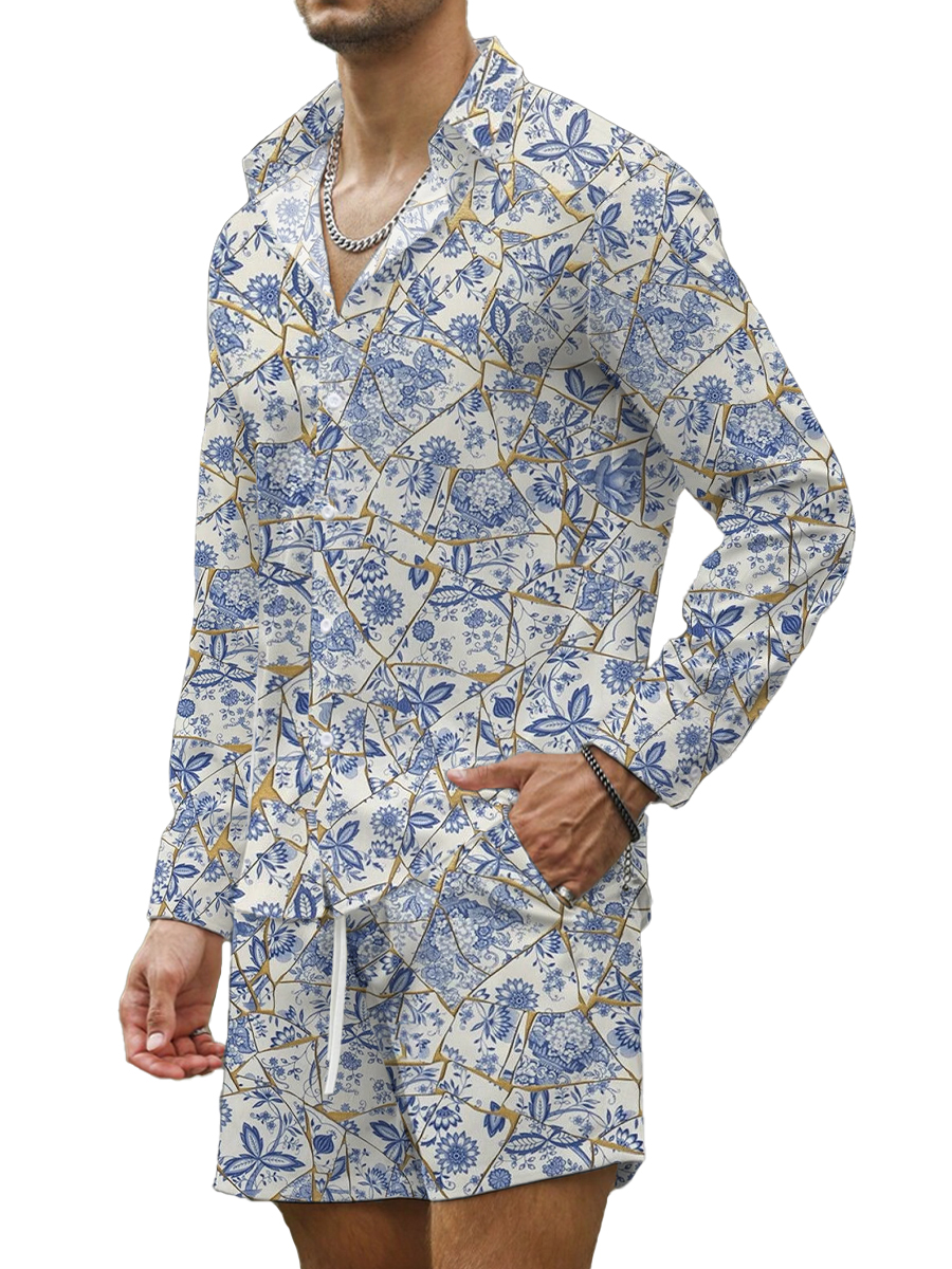 Men's Sets Blue And White Porcelain Print Two-Piece Shirt Shorts Set
