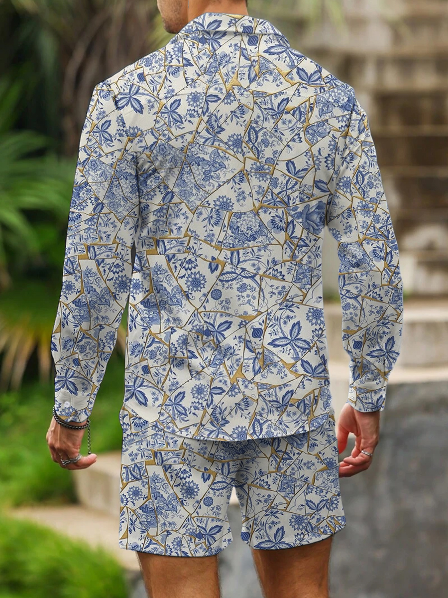 Men's Sets Blue And White Porcelain Print Two-Piece Shirt Shorts Set