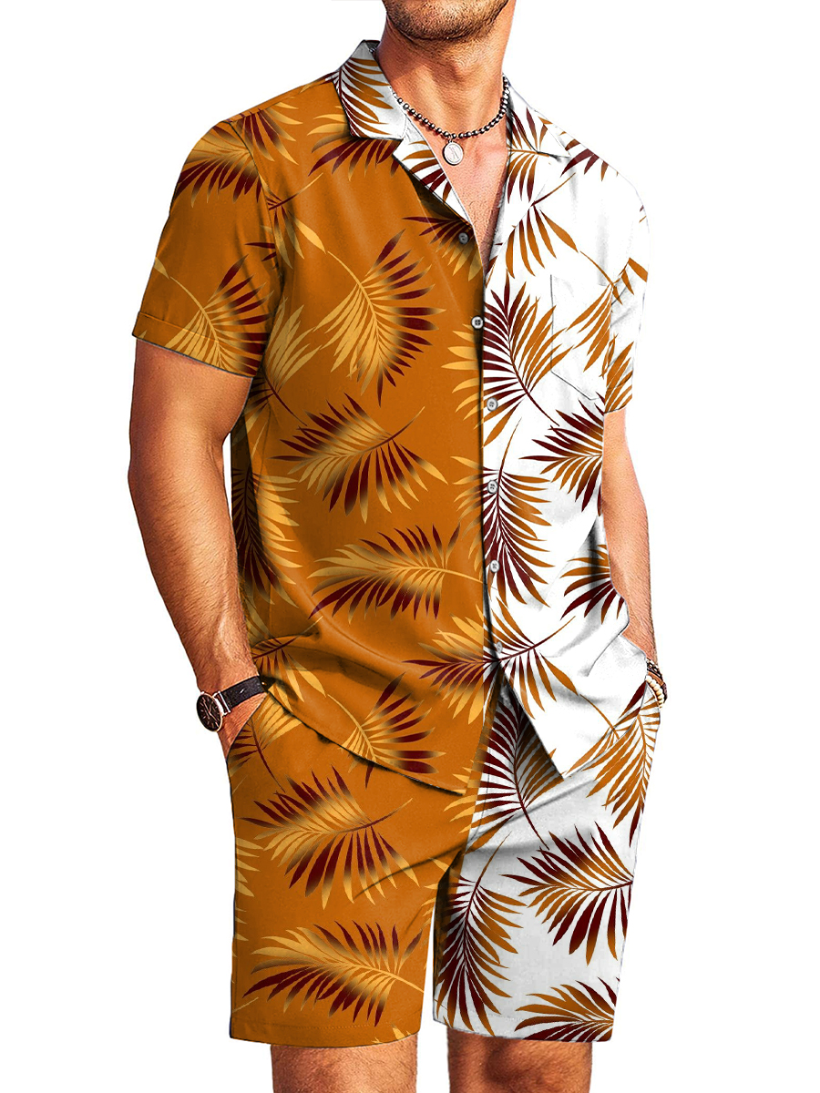 Men's Sets Hawaiian Art Tropical Plants Print Button Pocket Two-Piece Shirt Shorts Set