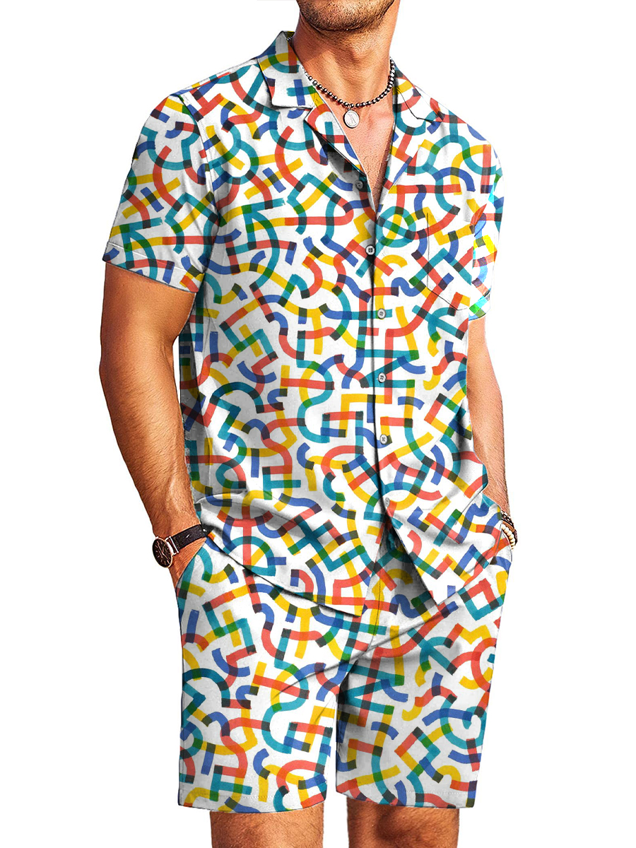 Men's Sets Hawaiian Colorful Stripes Print Button Pocket Two-Piece Shirt Shorts Set