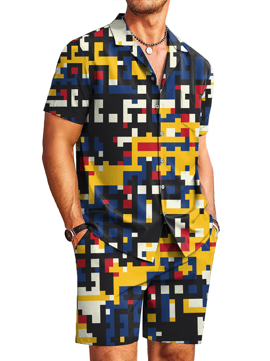 Men's Sets Hawaiian Colorblock Print Button Pocket Two-Piece Shirt Shorts Set