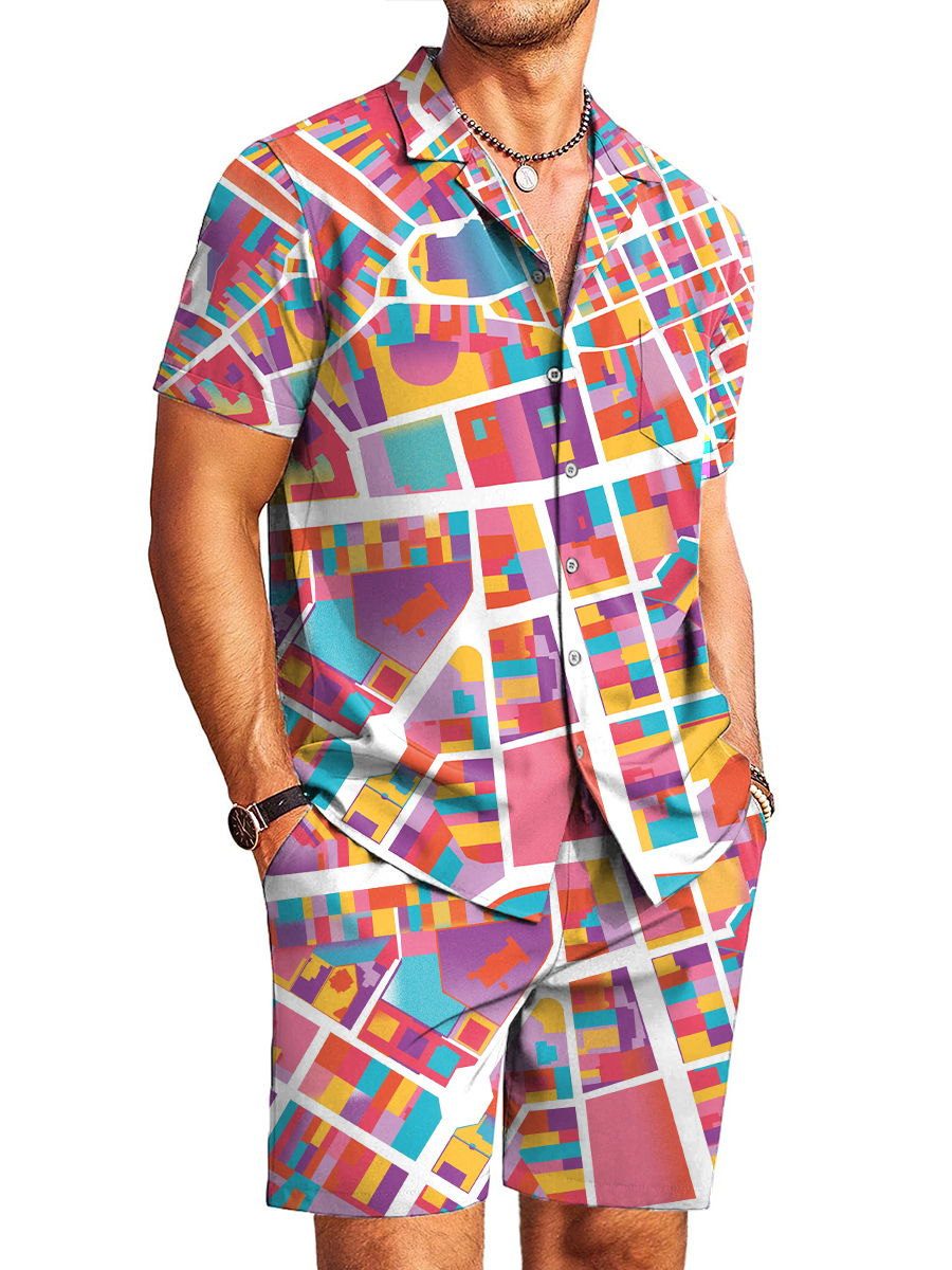 Men's Sets Hawaiian Colorblock Print Button Pocket Two-Piece Shirt Shorts Set