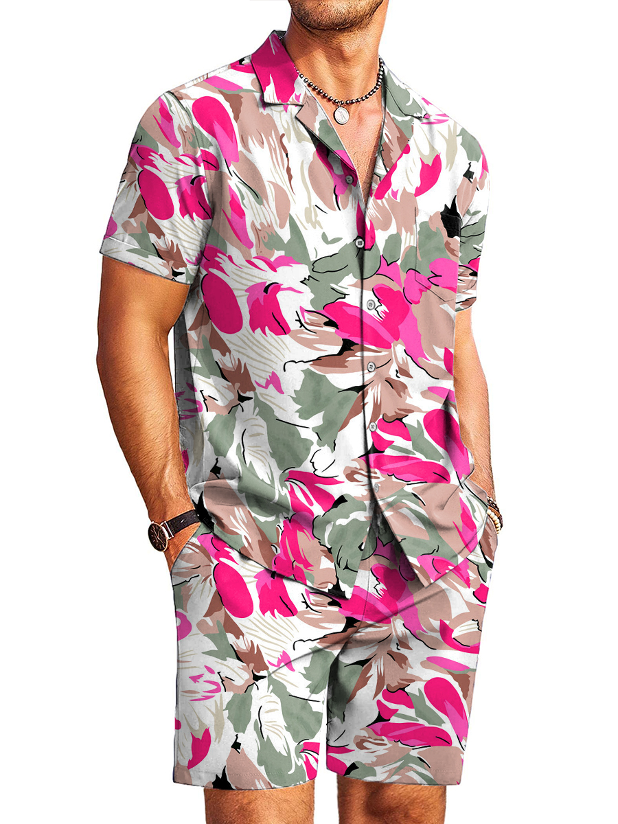 Men's Sets Hawaiian Floral Print Button Pocket Two-Piece Shirt Shorts Set