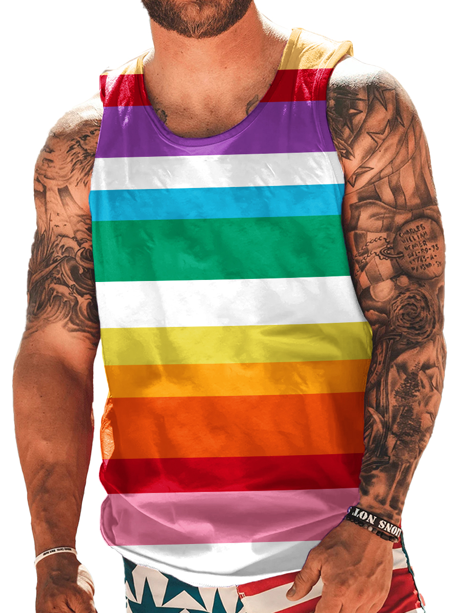 Men's Rainbow Stripes Print Crew Neck Tank Top Muscle Tee