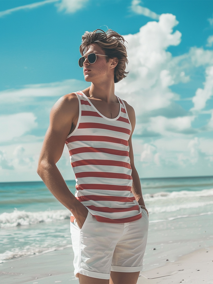 Men's Basic Red Stripes Print Tank Top Muscle Tee