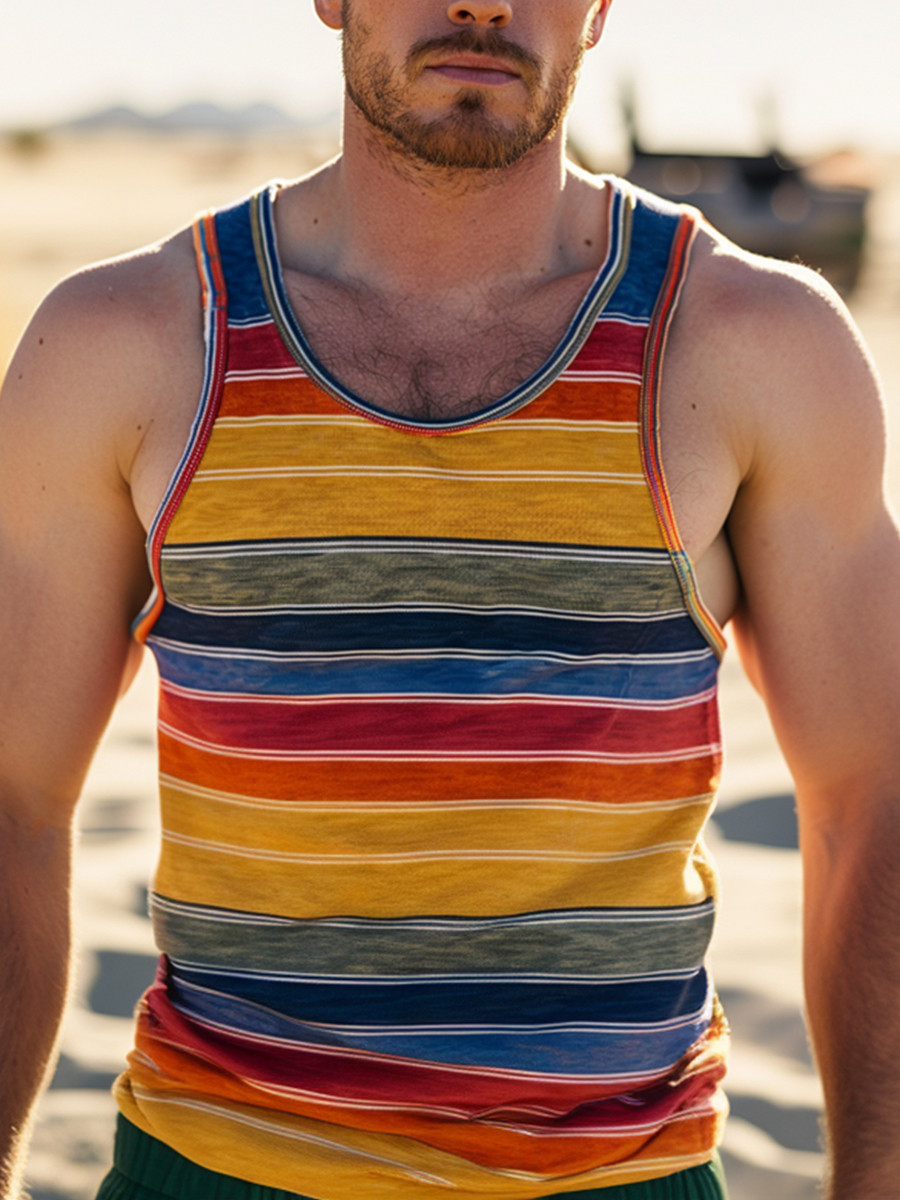 Men's Colorful Stripes Print Tank Top Muscle Tee