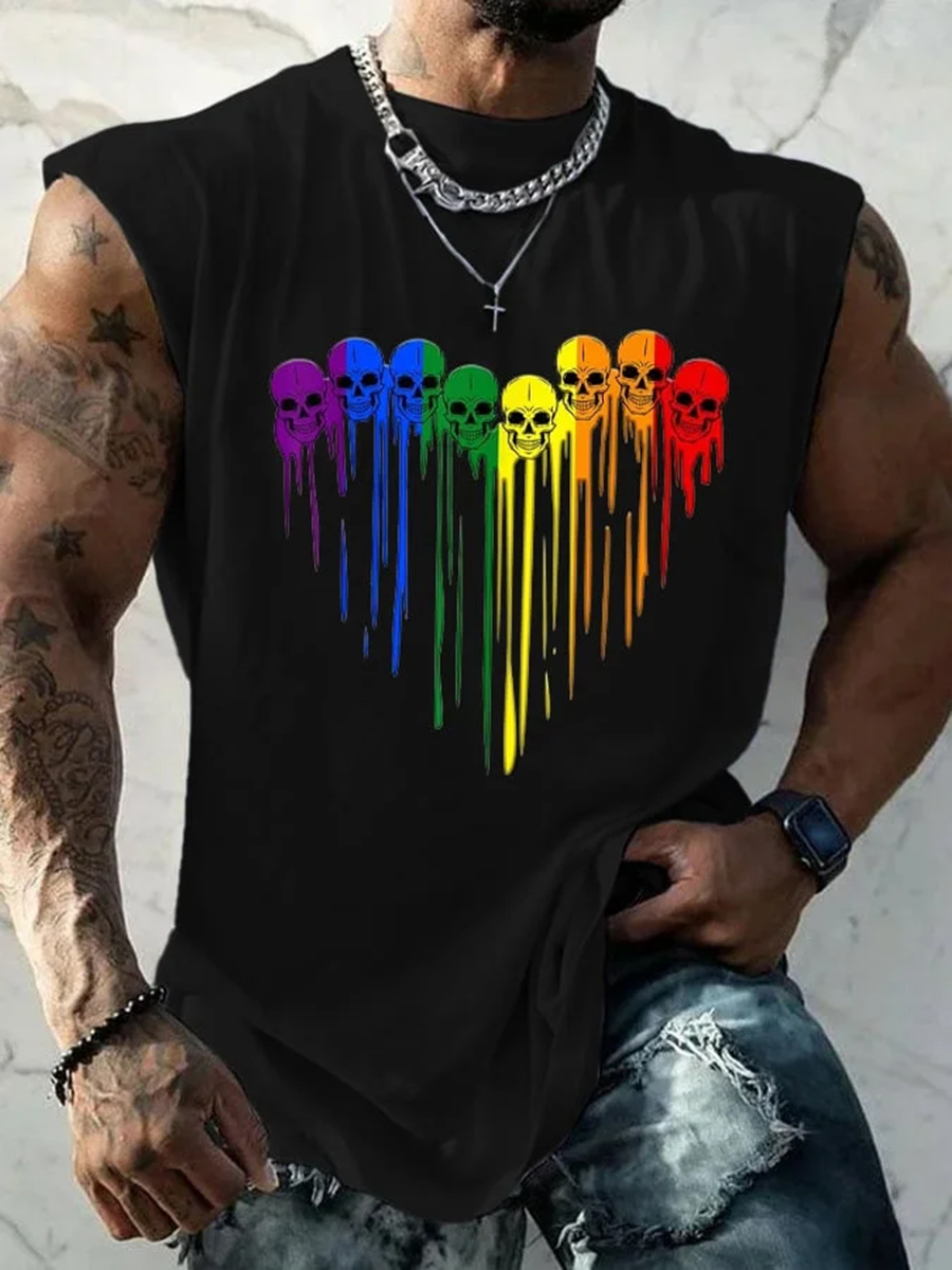 Men's Pride Month Rainbow Skull Print Casual Tank Top