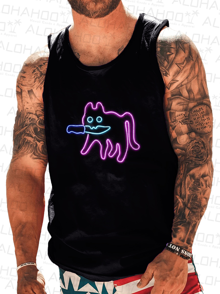 Men's Fun Neon Cat Print Tank Top Muscle Tee
