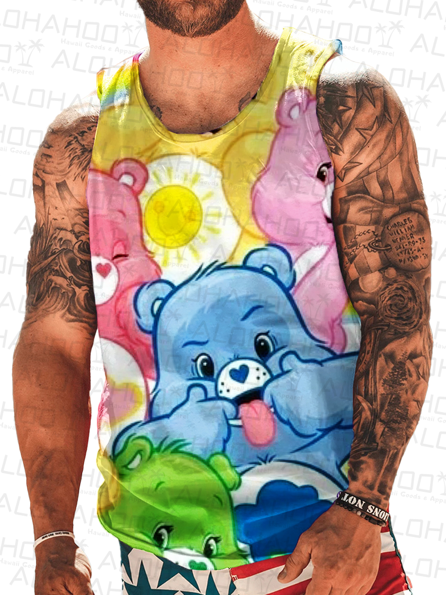 Men's Bear Print Crew Neck Tank Top Muscle Tee