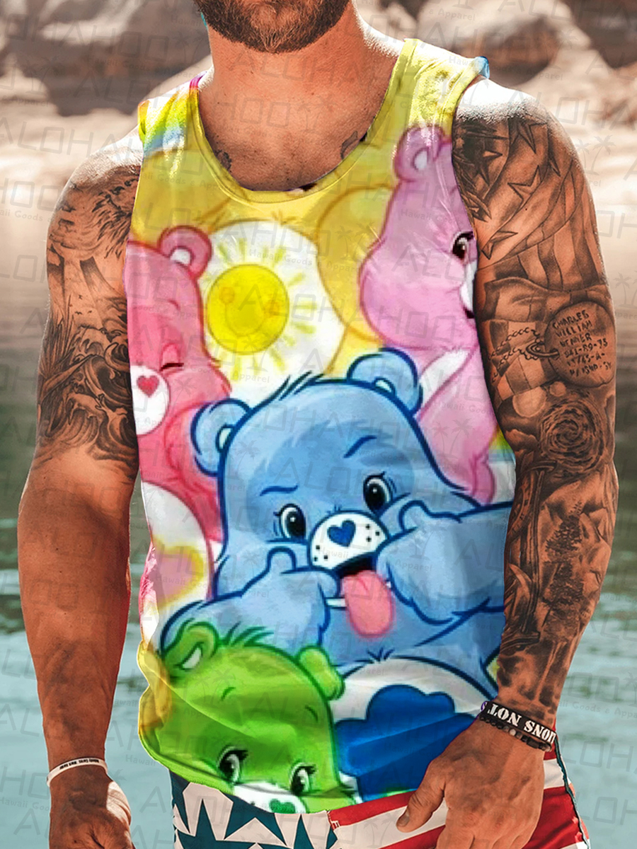 Men's Bear Print Crew Neck Tank Top Muscle Tee