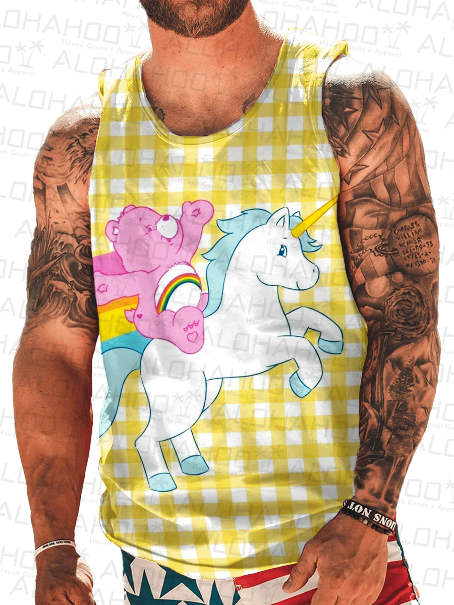 Men's Unicorn Plaid Print Crew Neck Tank Top Muscle Tee