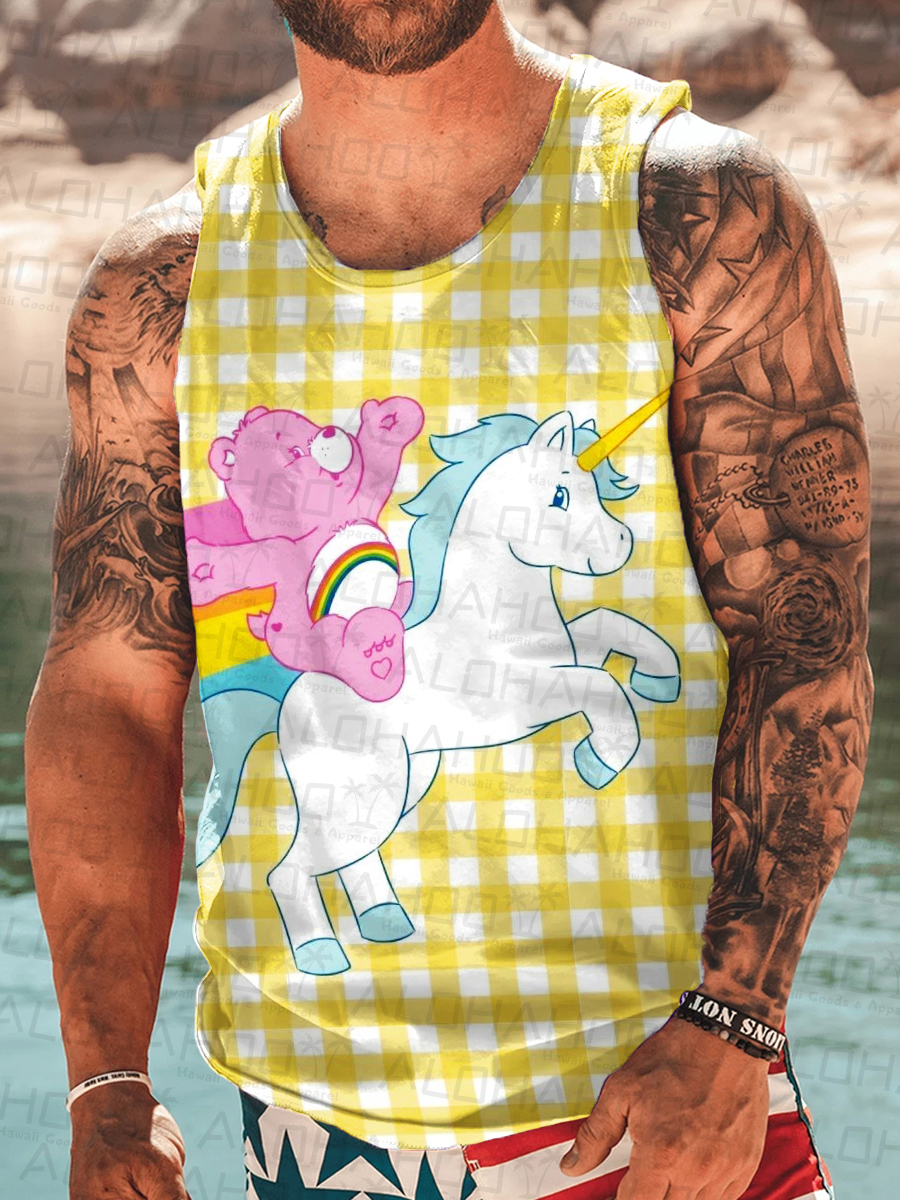 Men's Unicorn Plaid Print Crew Neck Tank Top Muscle Tee