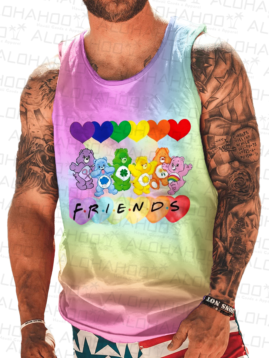 Men's Bear Rainbow Print Crew Neck Tank Top Muscle Tee