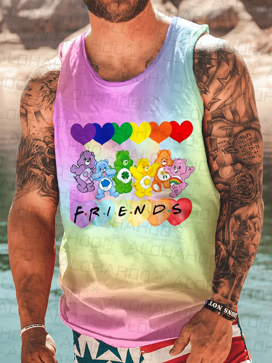 Men's Bear Rainbow Print Crew Neck Tank Top Muscle Tee