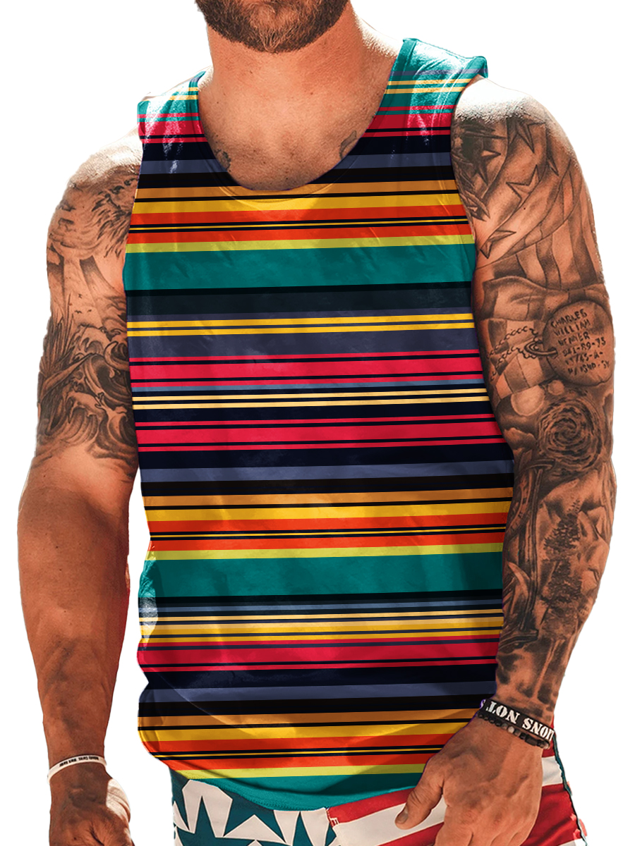 Men's Colorful Stripes Print Crew Neck Tank Top Muscle Tee