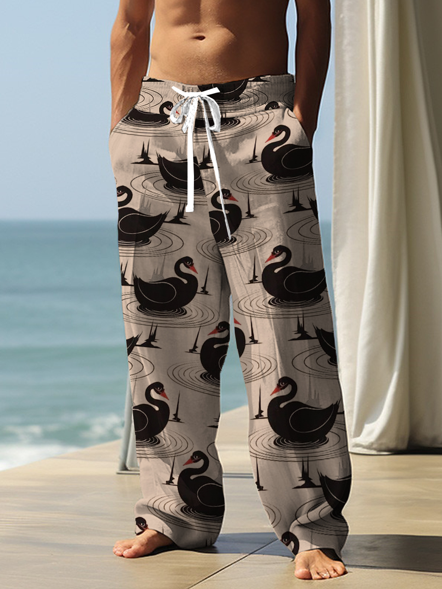 Men's Casual Pants Black Swan Print Pants