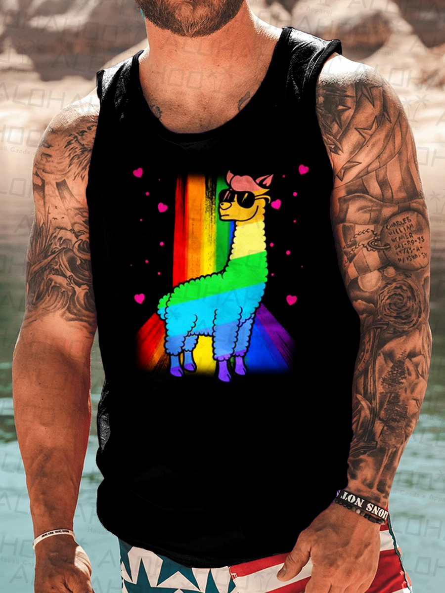 Men's Tank Top Rainbow Alpaca Print Crew Neck Tank T-Shirt Muscle Tee